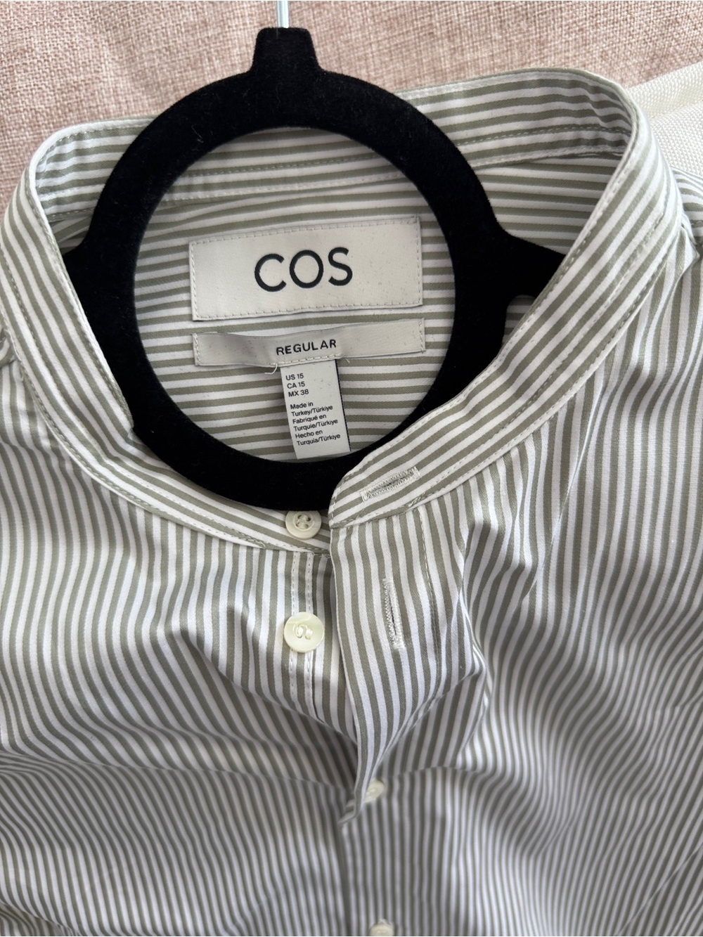 COS Men's Vertical Stripe Band-Collar Shirt in grey and White